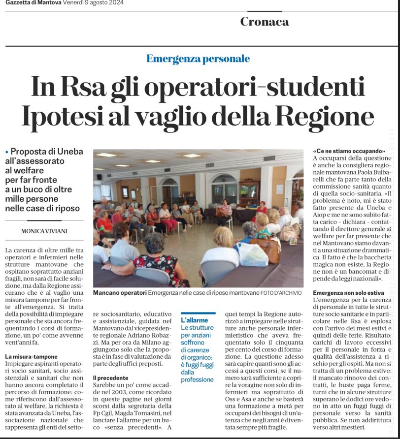 Nelle Rsa mantovane gli operatori-studenti: ipotesi al vaglio della Regione - Gazzetta di Mantova del 9 agosto 2024